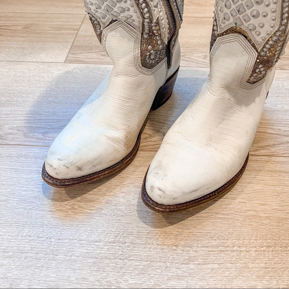 Frye Leather Deborah Deco Tall in White/Gold/Brown - Picture 8 of 13